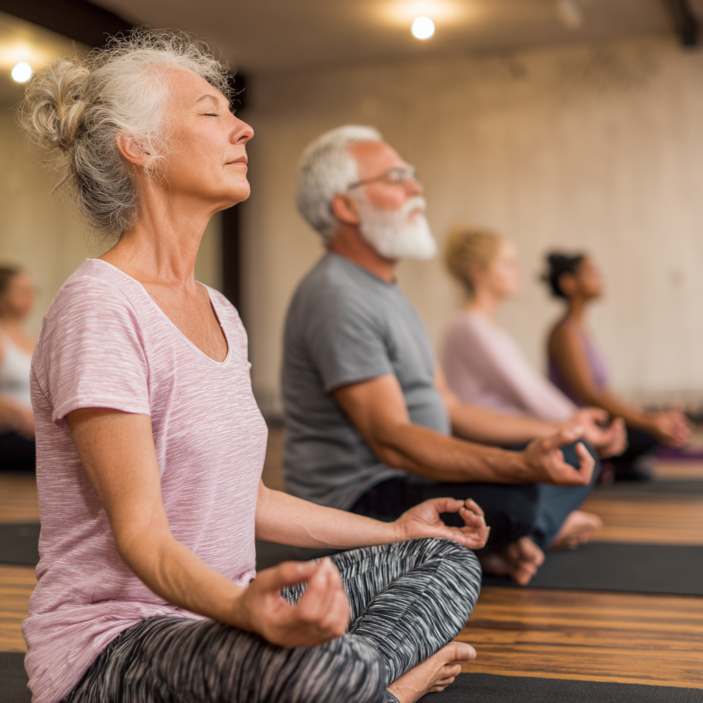 Mature adults practicing yoga in peaceful studio environment