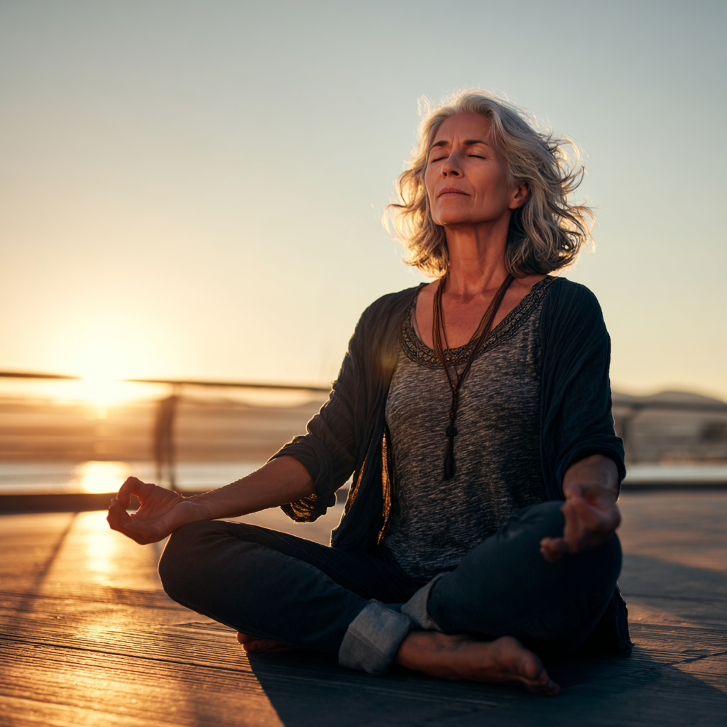 Middle-aged woman practicing yoga in peaceful meditation pose